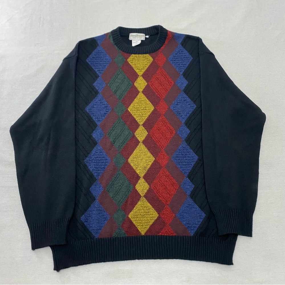 Vintage Norm Thompson Sweater Merino Wool Blend Made in Italy Argyle XL Men's